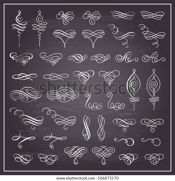Flourishes. Vector set of calligraphic design\
elements and page decoration in white color. Elegant collection of\
hand drawn swirls and curls for your design. Isolated on chalkboard\
 background.