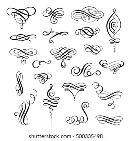 Flourishes. Vector set of calligraphic elements and page decoration. Collection of hand drawn swirls and curls. For calligraphy graphic design, postcard, menu, wedding invitation, romantic style.