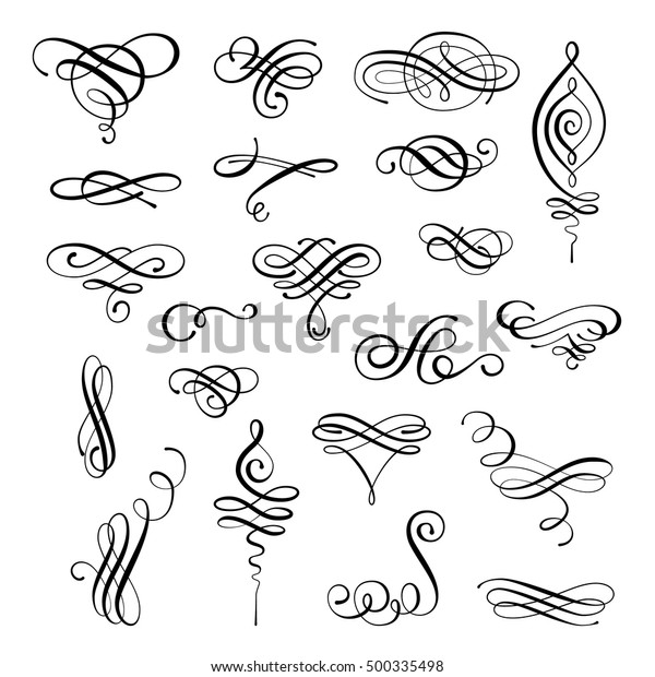 Flourishes. Vector set of calligraphic elements\
and page decoration. Collection of hand drawn swirls and curls. For\
calligraphy graphic design, postcard, menu, wedding invitation,\
romantic style.