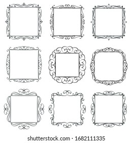 Flourishes vintage frames set. Calligraphic design elements, ornate border, decorative typography page template card invitation. Monogram retro labels. Vector illustration.