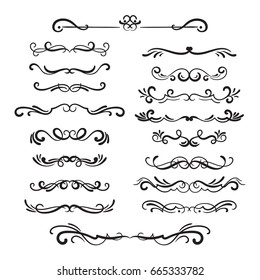 Flourishes vintage. Ornamental borders and dividers, filigree ornament swirls. Victorian decoration elements.