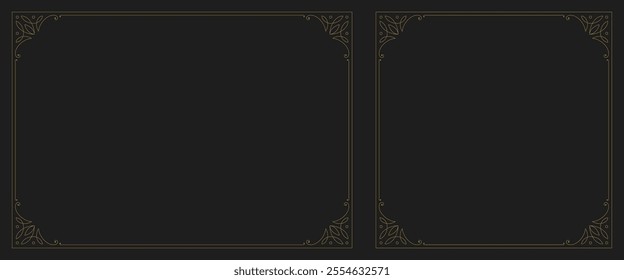 Flourishes vintage vignette golden swirl frame with corner set vector illustration. Elegant classical antique floral motif calligraphic element for text decoration menu invitation signage