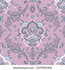 Flourishing and blooming botany design, leaves and foliage ornamental motif. Decoration with swirls and branches curves. Seamless pattern, wallpaper or background print. Vector in flat style