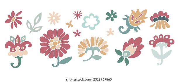 Flourishing and blooming flowers and buds, isolated leaves, and foliage. Leafage and floral biodiversity. Colorful stems and leafage. Spring and summer seasonal blossom. Vector in flat style