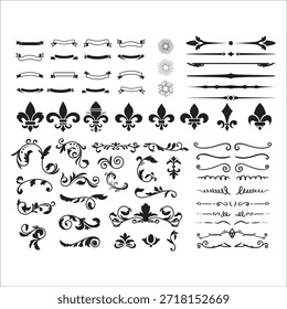 Flourishing decorative elements for retro design. Ornaments in the form of patterns, swirls, and flourishes. Vintage borders, frames, and patterns for invitations and certificates. A vector set.