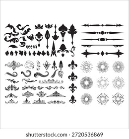 Elementos decorativos florescentes para design retro. Ornamentos na forma de padrões, redemoinhos e floreios. Bordas antigas, quadros e padrões para convites e certificados. Um conjunto de vetores.