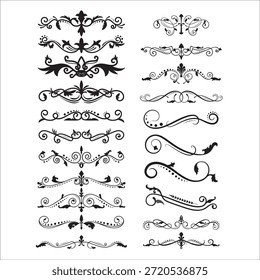 Elementos decorativos florescentes para design retro. Ornamentos na forma de padrões, redemoinhos e floreios. Bordas antigas, quadros e padrões para convites e certificados. Um conjunto de vetores.