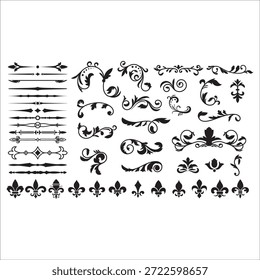 Elementos decorativos florescentes para design retro. Ornamentos na forma de padrões, redemoinhos e floreios. Bordas antigas, quadros e padrões para convites e certificados. Um conjunto de vetores.