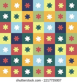 Flourishing flowers, blooming and blossom, colorful squares with plants. Decoration or adornment. Minimalist design of textile. Seamless pattern, wallpaper or background print. Vector in flat style