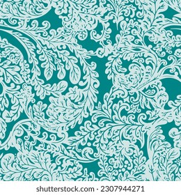 Flourishing leaves and flowers with swirls and foliage. Buds and branches, twigs and flora of spring or summer. Seamless pattern, wallpaper print or background. Vector in flat style illustration