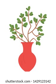Flourishing plant in vase vector, isolated decor in container, foliage on branches, leafy flower, natural ecological decor for home and interior flat style