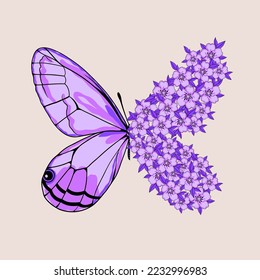 Flourishing violet butterfly creative illustration with delicate purple flowers and leaves for poster, print, card or apparel design. Hand drawn vector art.