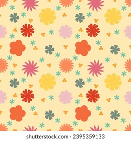 Pisos Patrón veraniego sin problemas con pegatinas de estilo hippie y groovy. Positivo 60, 70 estilo retro. Fondo, papel pintado, diseño textil para niños, niños. Diseño de patrones de dibujos animados