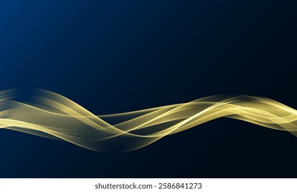 Flow of abstract golden waves glittering on dark blue background. Design element with glitter effect.