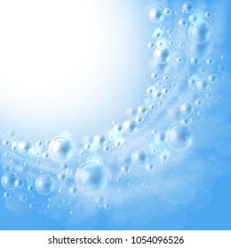 The flow of air bubbles in the water. Realistic transparent soap like frame on blue background circling in a circle. Vector illustration.