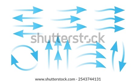 Flow arrows set. Blue air steam, ventilator or conditioner buttons elements. Flat flows directions, wind or fresh air currents vector symbols and effects
