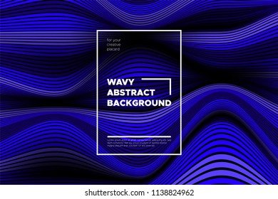 Flow Background with Liquid Shapes. Distortion of Space. Trendy Abstract Cover with Vector Wave Lines. Movement Effect. Wavy Colorful 3d Surface. Flow Background with Optical Illusion for Design.