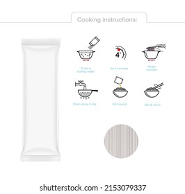 Flow bag mockup with cooking and preparation instructions. Vector illustration isolated on white background. Ready to place your design. Can be use for noodle, pasta and etc. Ready for your design.