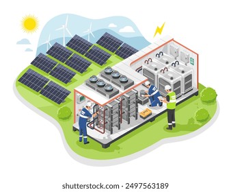 flow batteries engineer team installation isometric Vanadium redox battery cell container station to storage eco green energy from solar cell and wind turbine simple concept isolated illustration