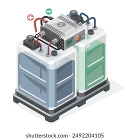 flow batteries isometric Vanadium redox battery cell show positive and negative tank to storage eco green energy from solar cell and wind turbine simple concept isolated on white background illustrati