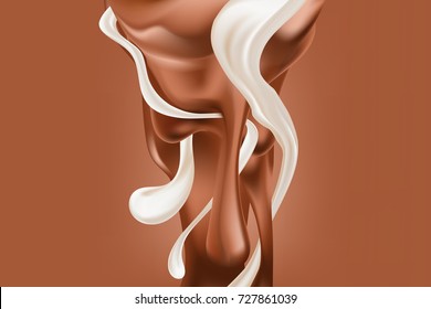 A flow of beautiful, realistic melted chocolate with fresh milk. Flowing chocolate (cocoa) melting wave with swirl, funnel, splash, drip