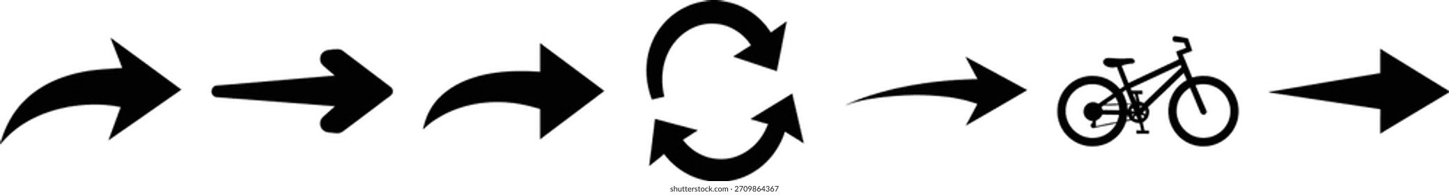 Flujo de iconos de flecha negra que apuntan hacia una bicicleta, representando el progreso aislado en el fondo blanco, Vector