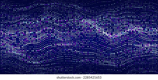 Flujo de partículas brillantes azules. Onda de sonido dinámica de medio tono brillante. Ilustración vectorial.