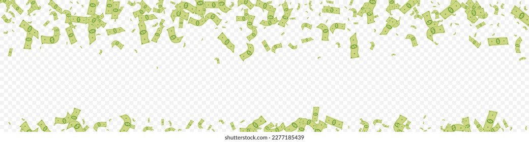 Flow Cash Vector Transparent Panoramic Background. Falling Jackpot Certificate. Scatter Paper Currency Banner. Paper Dollar Cartoon Brochure.