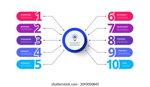 Flow chart with 10 rounded elements and numbers connected to main circle. Concept of ten stages of business project. Modern infographic design template.