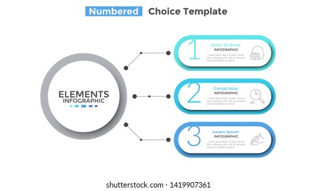 Flussdiagramm mit 3 weißen, abgerundeten, auf Papier stehenden Elementen, die mit dem Hauptkreis verbunden sind. Konzept von drei Phasen des Business-Projekts. Moderne Infografik-Design-Vorlage. Flache Vektorgrafik zur Präsentation.