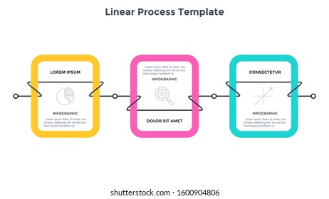 Flow chart with 3 rectangular elements connected by arrows twined around them. Concept of three steps of project management strategy. Simple infographic design template. Flat vector illustration.