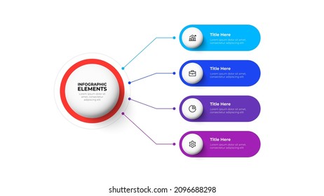 Flussdiagramm mit 4 abgerundeten Elementen, die mit dem Hauptkreis verbunden sind. Konzept von vier Phasen des Geschäftsprojekts. Moderne Infografik-Design-Vorlage.