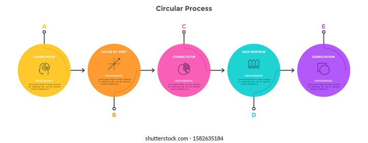 Flow chart with 5 colorful circular elements connected by arrows. Concept of five successive stages of business plan. Minimal infographic design template. Flat vector illustration for presentation.