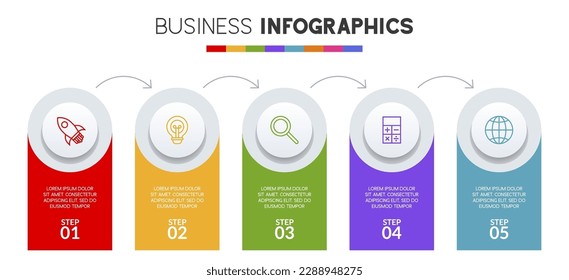 Diagrama de flujo de 5 opciones o 5 pasosPlantilla de diseño de infografías e iconos. utilizar como diagrama de procesos de flujo de trabajo, presentación de datos empresariales, diseño de línea de tiempo, hito, pancarta, folleto