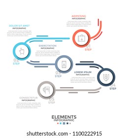 Flow chart with 5 paper white round elements connected by curved colorful line, linear icons and place for text. Concept of five-stepped process. Modern infographic design layout. Vector illustration.