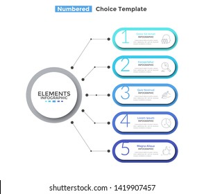 Flow chart with 5 paper white rounded elements connected to main circle. Concept of five stages of business project. Modern infographic design template. Flat vector illustration for presentation.