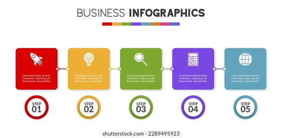 flow chart 5 steps Infographics design template and icons. use as workflow process diagram, business data  presentation, timeline layout, milestone, banner, brochure, flow chart