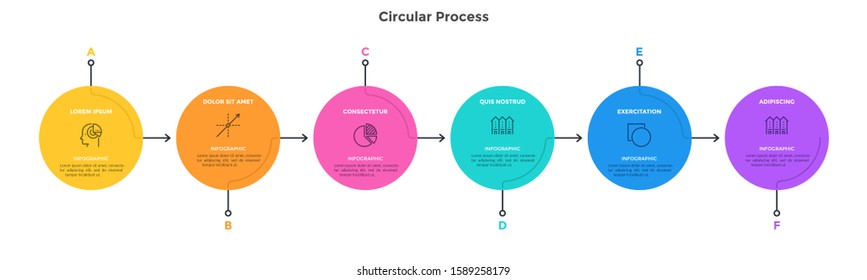 Flow chart with 6 colorful circular elements connected by arrows. Concept of six successive stages of business plan. Minimal infographic design template. Flat vector illustration for presentation.