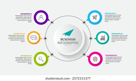 Flow chart with 6 rounded elements and numbers connected to main circle. Concept of six stages of business project. Modern infographic design template.