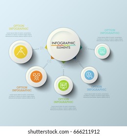 Flow chart, central round element connected with 5 numbered options by dotted lines. Five features of company's services concept. Modern infographic design layout. Vector illustration for brochure.