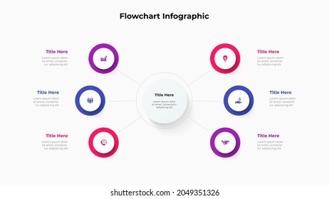 Flow chart diagram with 6 circle elements. Concept of business project hierarchy visualization with 6 options. Infographic design template.