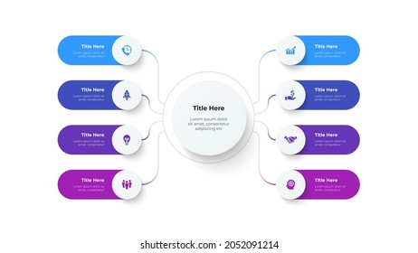Flow chart diagram with 8 circle elements. Concept of business project hierarchy visualization with eight options. Infographic design template.
