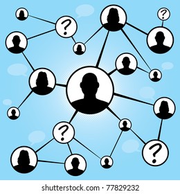 A flow chart diagram of different men and women connecting together via social media or social networking.  Great for word of mouth referral marketing or online dating concepts.