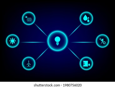 Flow Chart Of The Green Icon Of Energy Resource, Solar Cell, Wind, Fossil Fuel, Sun, Nuclear, Hot Spring On Blue And Black Background. Energy Concept.