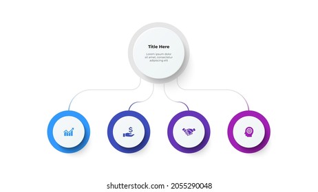 Flow chart infographic business template. Central big circle with four small circles. Vector info graphic design illustration with 4 steps.