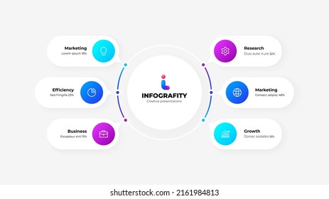 Flow Chart Infographic Business Template. Central Circle With Six Circles Around It. Vector Info Graphic Design Illustration With 6 Steps.