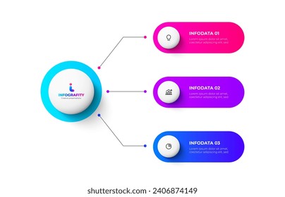 Plantilla de negocio de infografía de diagrama de flujo. Círculo central con tres círculos a su alrededor. Ilustración de diseño gráfico de información de vector con 3 pasos