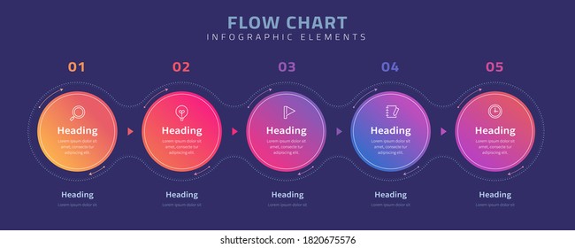 Flow chart infographic elements on blue background with five colorful banner options