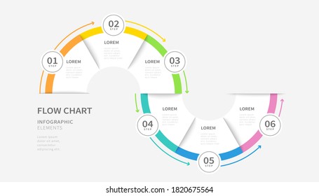 Flow chart infographic elements with two semicircles and six steps