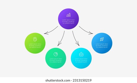 Flow chart infographic slide with 4 circles and doodle arrows. Concept of business project visualization. Infochart design template